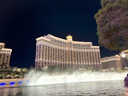 a man standing in front of a fountain in front of a hotel
