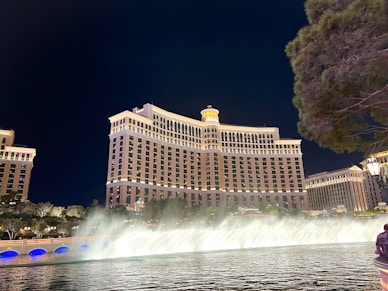 a man standing in front of a fountain in front of a hotel