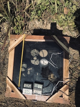 A wooden frame placed on the ground encloses a glass or transparent surface with rocks and small objects inside. There are digital thermometers or hygrometers showing various readings, along with wires connected to them. In the background, there are green plants and dirt.