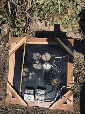 A wooden frame placed on the ground encloses a glass or transparent surface with rocks and small objects inside. There are digital thermometers or hygrometers showing various readings, along with wires connected to them. In the background, there are green plants and dirt.
