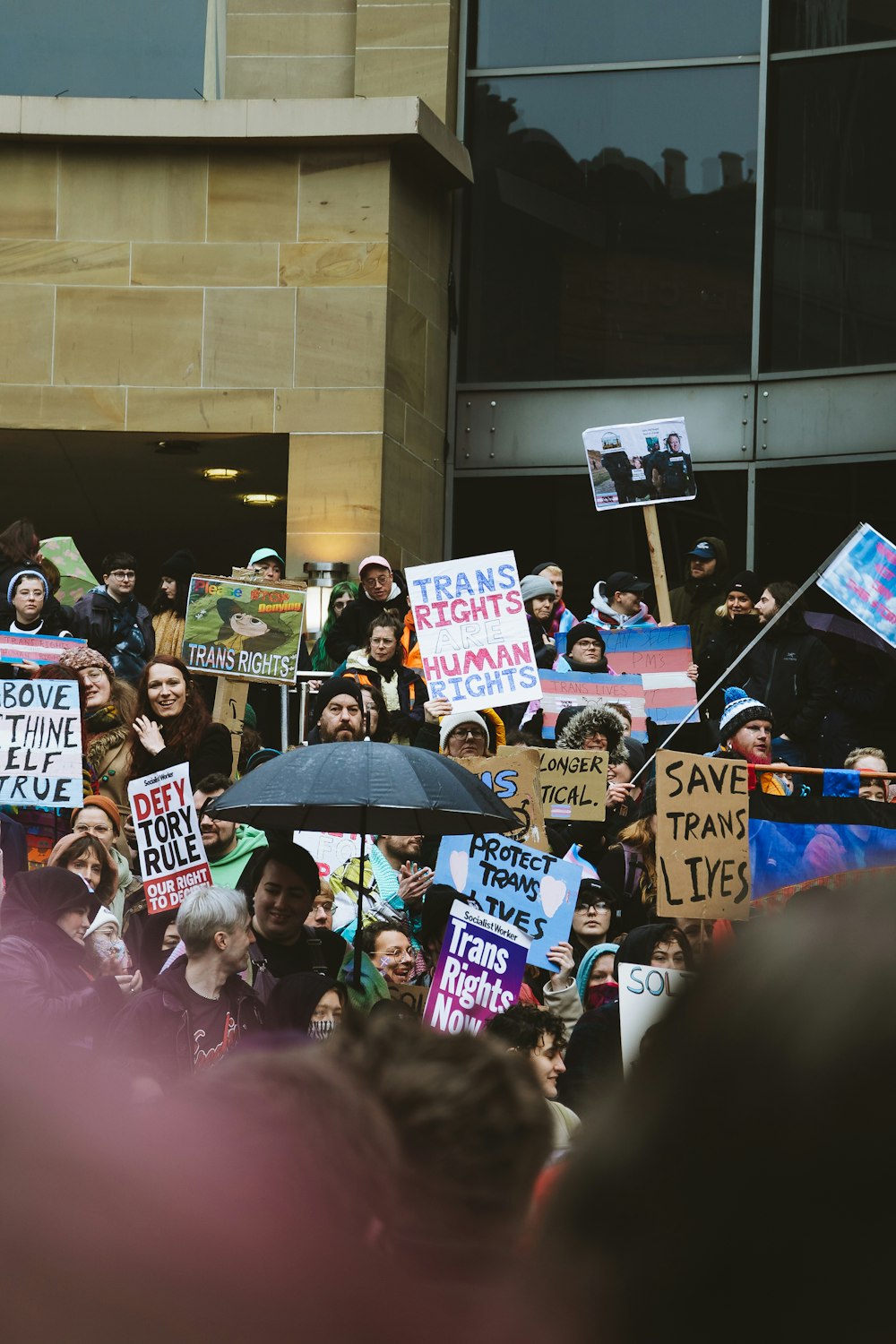 a crowd of people holding signs and umbrellas