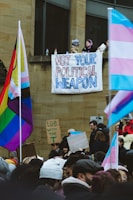 A protest scene with a crowd of people carrying signs and flags featuring LGBTQ+ colors. A prominent banner hanging from a building reads 'Not Your Political Weapon'. Several flags, including the rainbow and trans pride flags, are visible.
