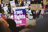 A large group of people are gathered, holding colorful signs advocating for transgender rights. The participants are bundled in winter clothing, and many are wearing hats or scarves. The signs display various slogans such as 'Trans Rights Now' and 'Trans Rights are Human Rights', reflecting a strong message of inclusivity and activism.