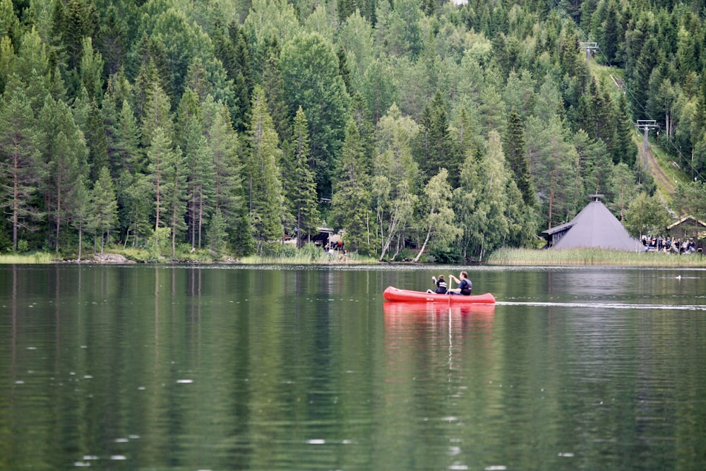 two people in a red canoe on a lake