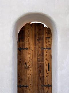 Rustic oak door with visible grain patterns and black iron hinges set against a stone wall