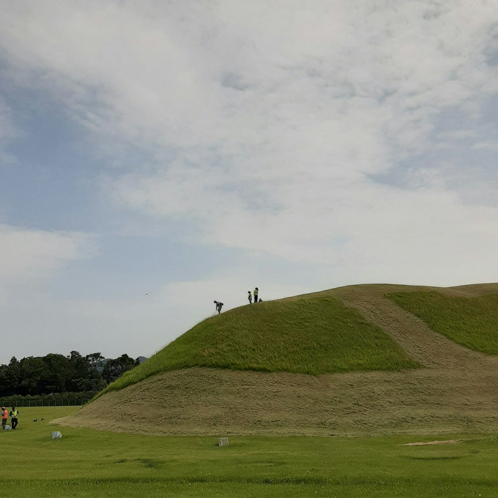 a group of people standing on top of a lush green hillside