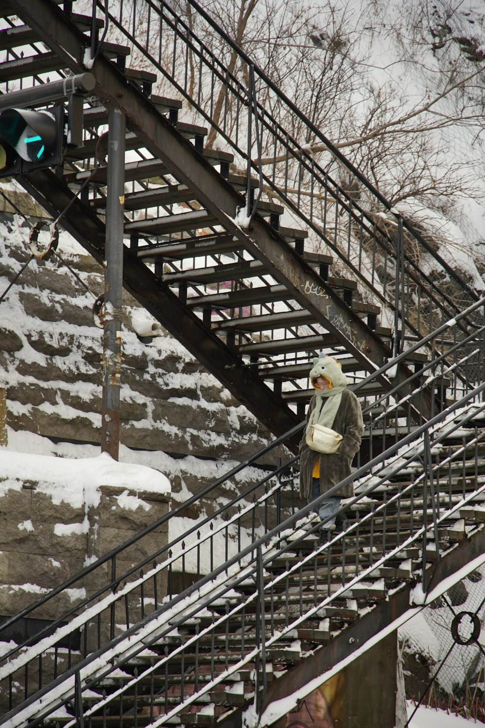 a man walking up a set of stairs in the snow