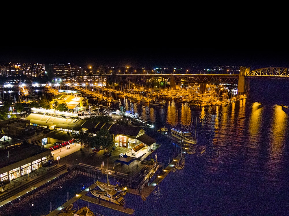 an aerial view of a city at night