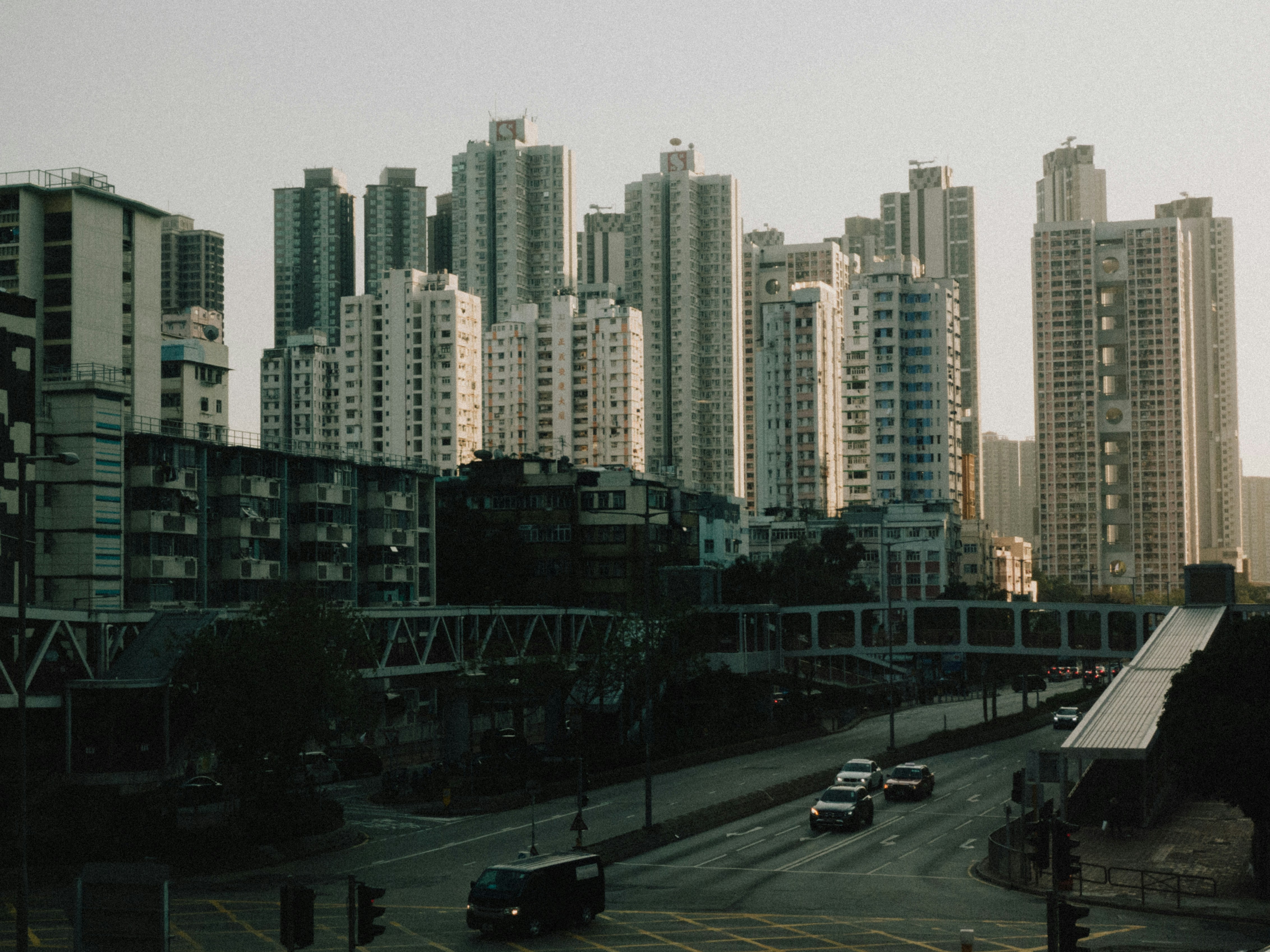 A view of a city with tall buildings
