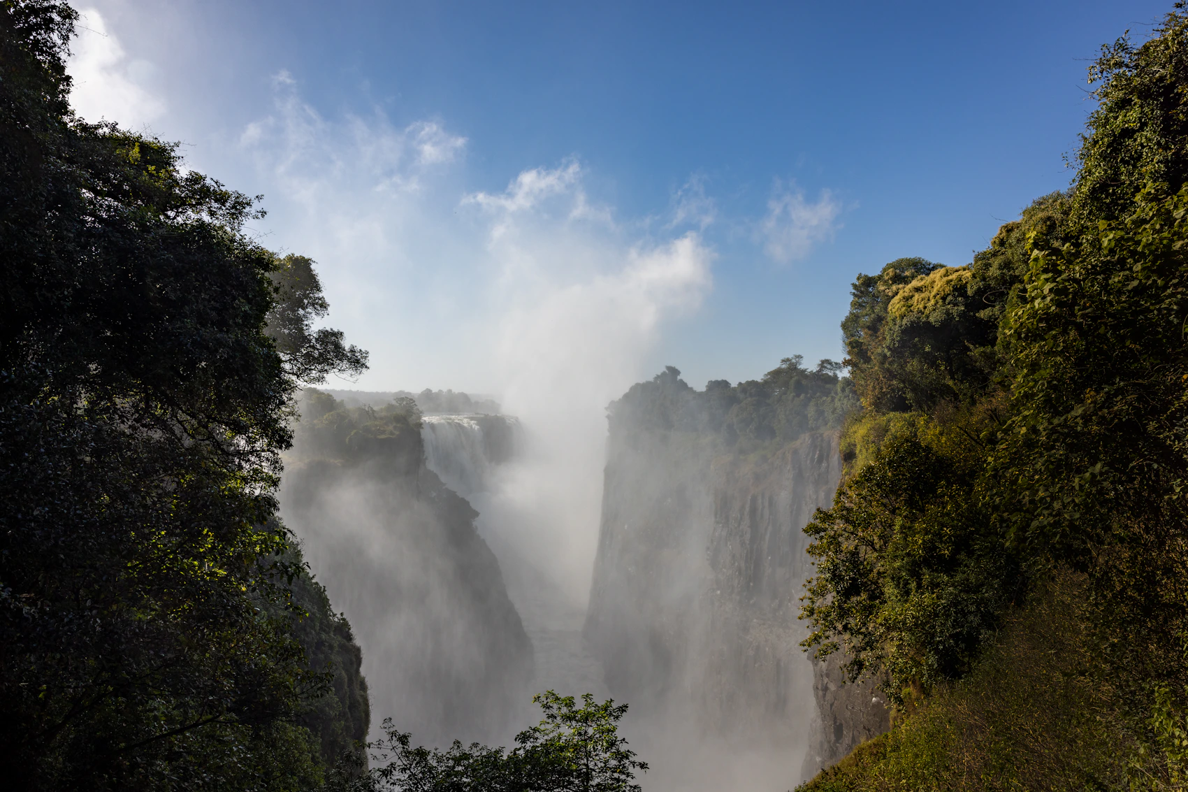 Victoria Falls viewed through forest as mist rises from the gorge