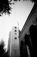 A black-and-white photo depicting a tall, modern building under construction with a visible crane. The structure appears next to an ornate, classical building with arches and columns. Leafy branches frame the image from the left corner.