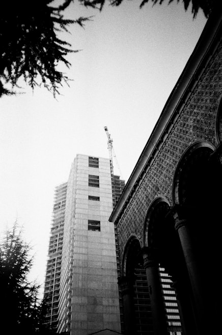 A black-and-white photo depicting a tall, modern building under construction with a visible crane. The structure appears next to an ornate, classical building with arches and columns. Leafy branches frame the image from the left corner.