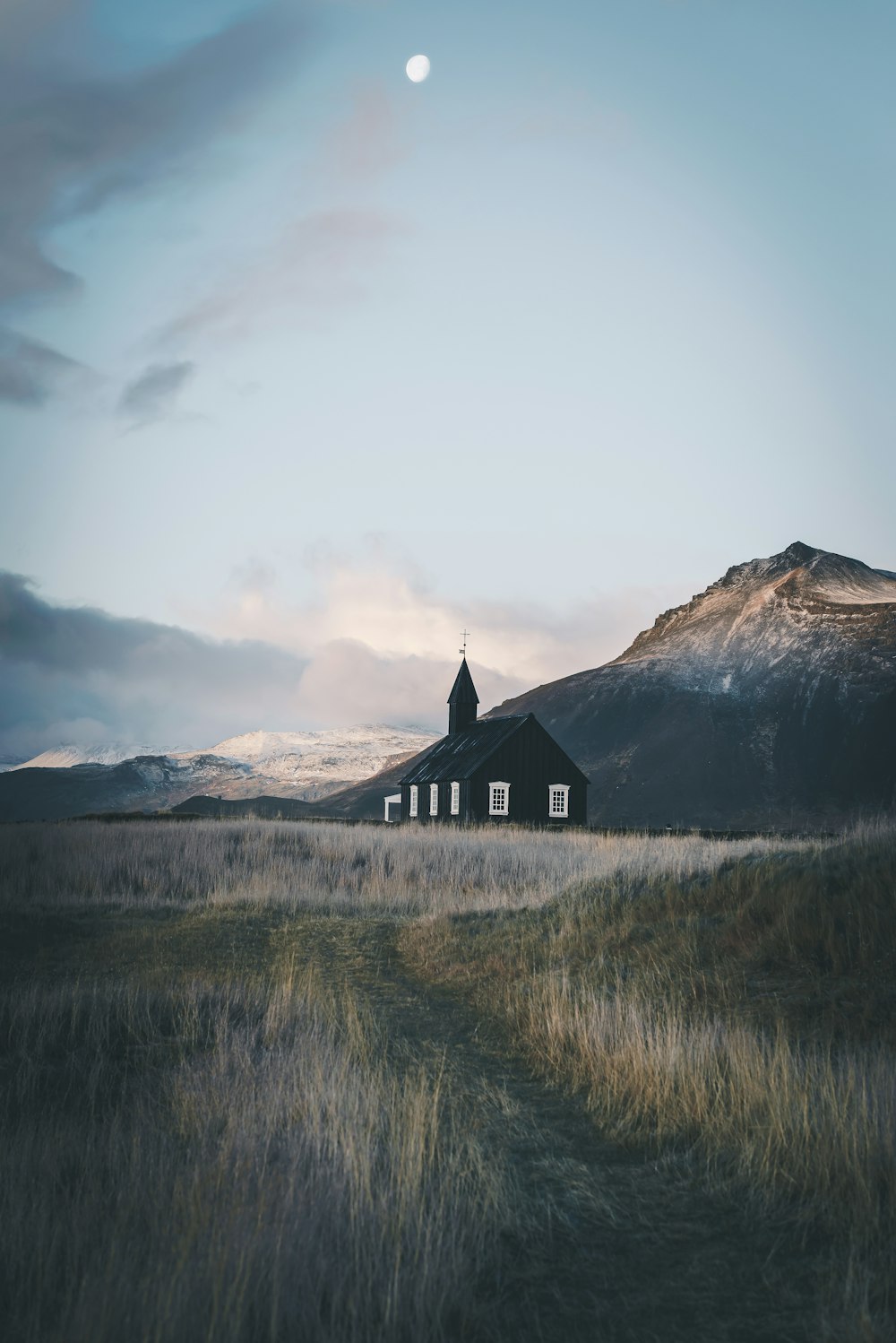 a house in a field with a mountain in the background