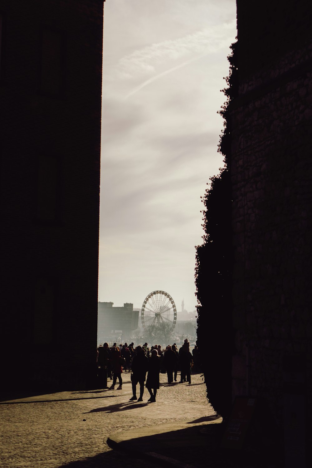 a group of people walking down a street next to a ferris wheel