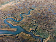 An aerial view of a meandering river cutting through a vast, lush wetland landscape. The scene features intricate patterns of water channels surrounded by patches of greenery and exposed earth. Numerous small ponds dot the area, reflecting the sky and scattered across the landscape.