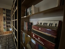 A dimly lit room with wooden bookshelves filled with various books and a harmonic accordion placed prominently on one of the shelves. The floor has a patterned tile design. The room gives a sense of a personal library or study.
