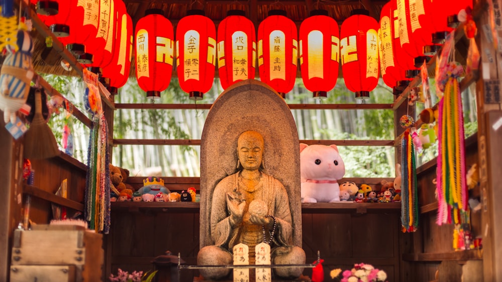 a buddha statue in a shrine surrounded by lanterns
