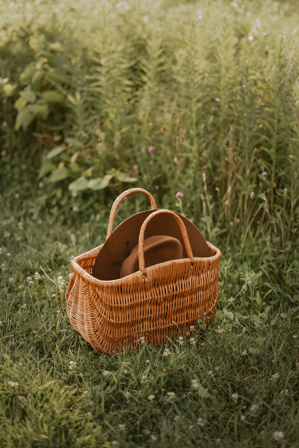 a wicker basket with a pair of shoes in it