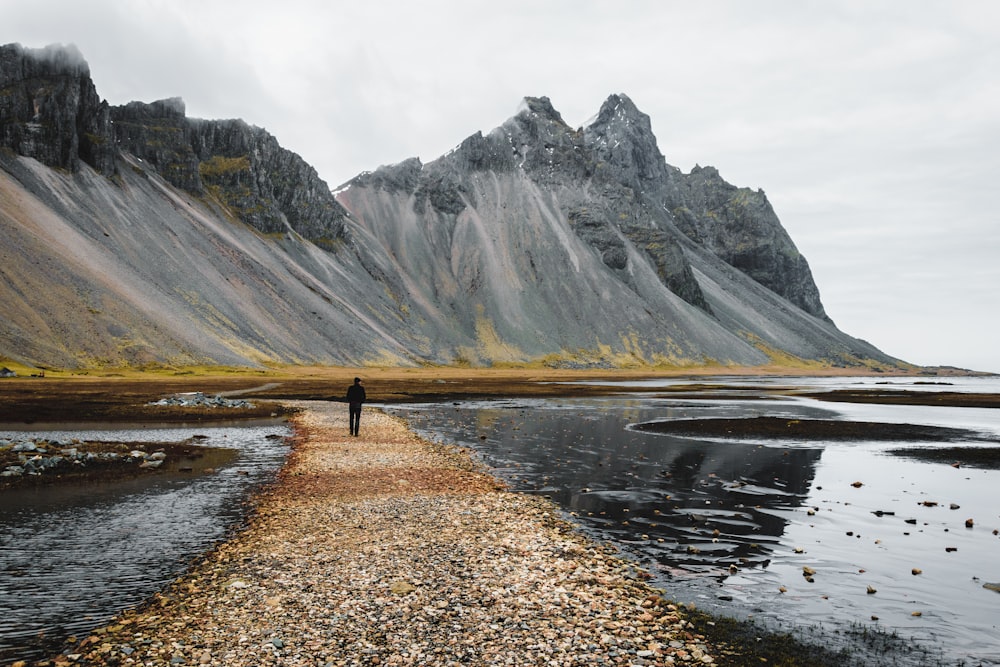 a person standing on a path near a body of water