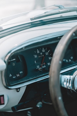 The image features the dashboard of a vintage car, highlighting a speedometer with a black background and white numbers. The needle is pointing to zero, and the odometer displays a small number. Part of the steering wheel and dashboard controls are visible, exhibiting a retro design with metallic and wooden elements.