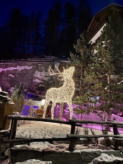 A vibrant 3D Christmas reindeer decoration glowing warmly at night.