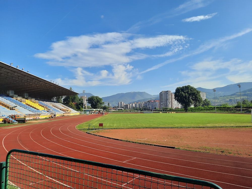 a view of a stadium from the side of a track
