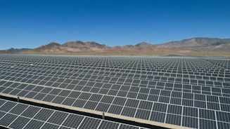 a large array of solar panels in a desert