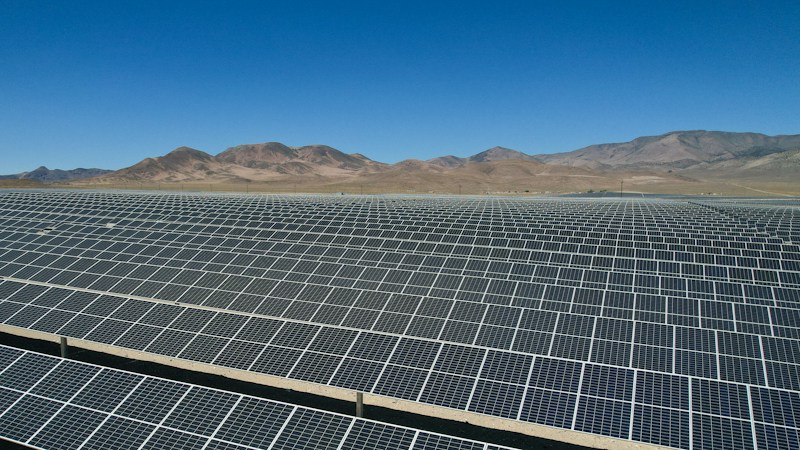 Rows of solar panels on open Nevada desert, the kind of project the Eldorado Valley site outside Boulder City was first approved for in 2023