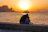 A couple dining on the terrace of a waterfront restaurant during sunset.