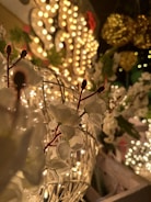 Close-up of delicate wedding decoration details with warm lighting