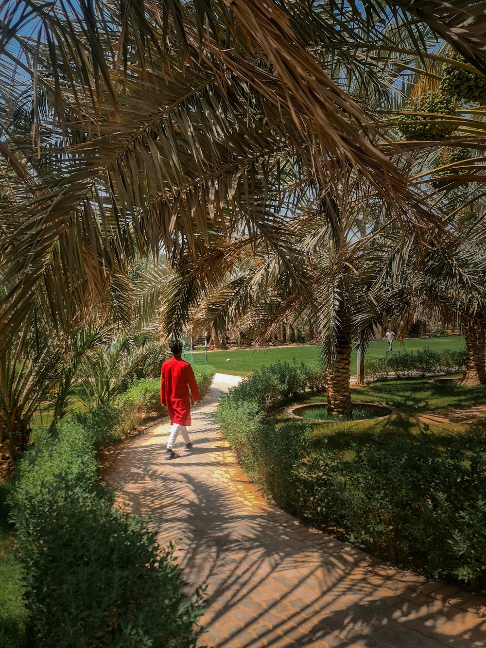 a man in a red jacket is walking down a path