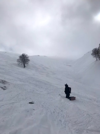 A snowy landscape with a person equipped with winter gear standing on a snow-covered slope. The person appears to be carrying or standing next to a snowboard. There are a few leafless trees scattered across the white, expansive terrain under a cloudy sky.
