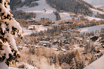 a snow covered mountain with a village in the distance