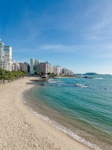a beach with a city in the background