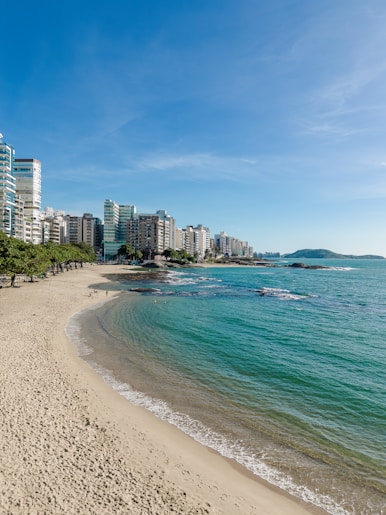 a beach with a city in the background
