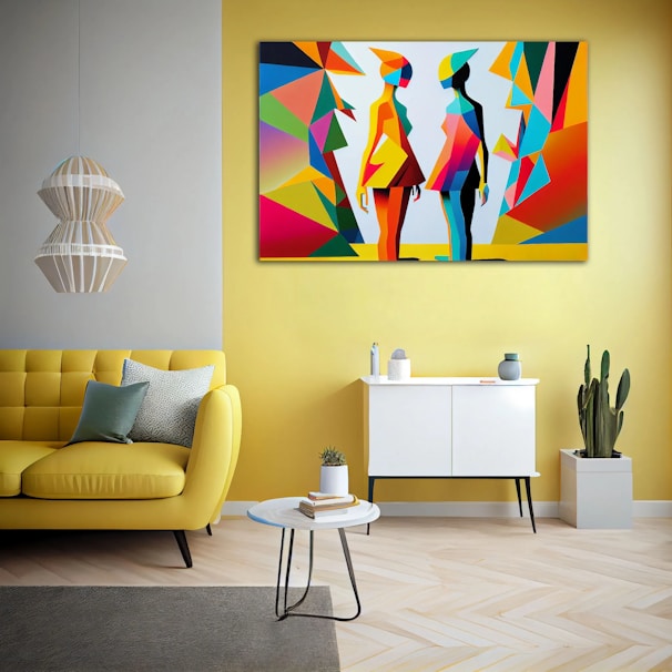A cozy living room wall adorned with a vibrant abstract painting.