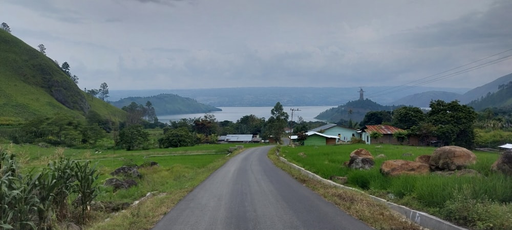 a road going through a lush green countryside