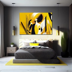 A modern bedroom with a large, abstract painting in yellow, white, and black shades hanging above the bed. The decor includes matching yellow accents in the pillows, lamp shades, and a rug. The room features a contemporary style with a gray wall, wooden nightstand, and a tall green plant.