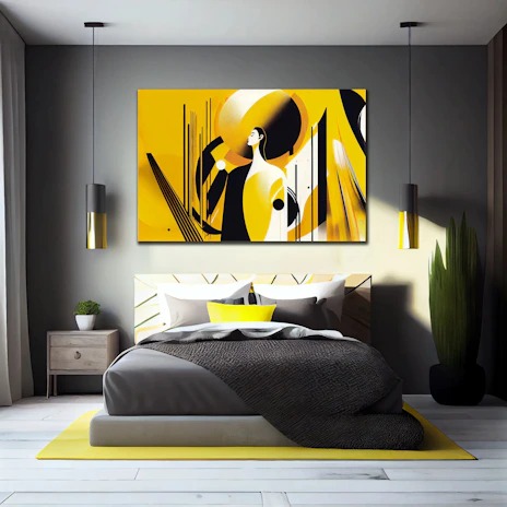 A stylish bedroom wall adorned with a large aluminium poster showcasing abstract art with metallic sheen.