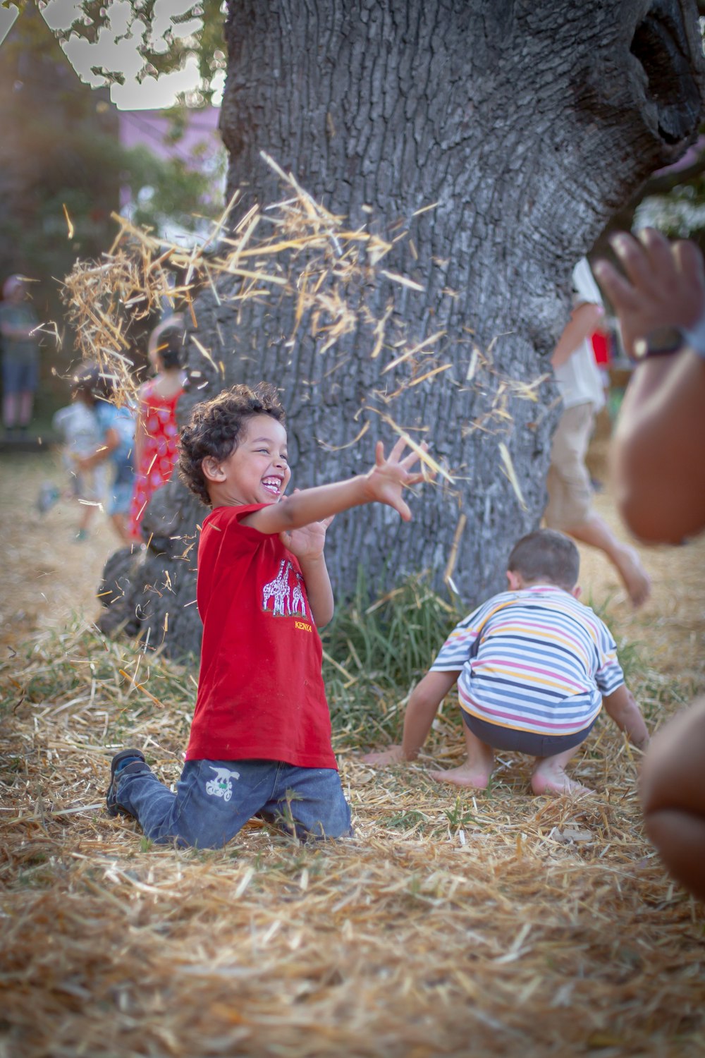 a little boy sitting on the ground next to a tree