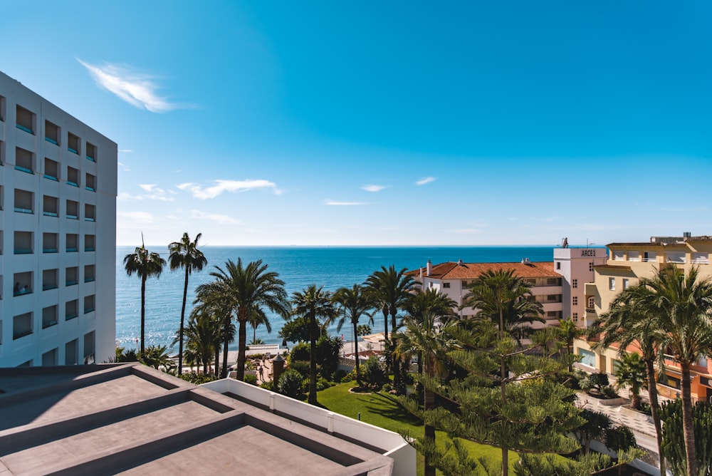 a view of the ocean from a high rise building