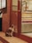A cat sits outside a glass door, gazing intently at the interior of a shop. The setting features a brick wall, wooden paneling, and a menu board on the exterior wall. Inside, shelves display various items, creating a warm and inviting atmosphere.