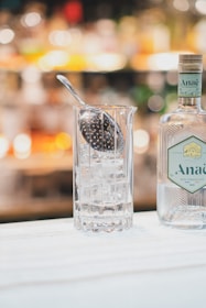 A tall glass filled with ice cubes, accompanied by a perforated spoon resting on top. Next to the glass is a bottle of gin with a decorative label. The background is softly blurred, featuring warm, ambient lighting suggesting a bar setting.