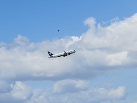 An airplane with branding and logo visible on its side flies amidst a partly cloudy sky, with a few birds soaring nearby. The scene suggests an in-flight journey of the aircraft against a backdrop of fluffy clouds.