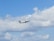 An airplane with branding and logo visible on its side flies amidst a partly cloudy sky, with a few birds soaring nearby. The scene suggests an in-flight journey of the aircraft against a backdrop of fluffy clouds.