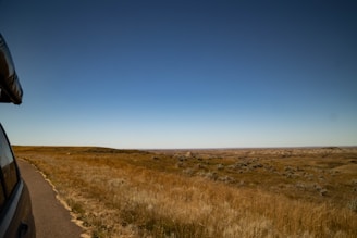 A vast, open prairie landscape stretches out under a clear blue sky. The golden-brown grasslands are dotted with small shrubs and appear dry, suggesting a late summer or autumn setting. To the left, a vehicle partially enters the frame, its shadow cast long on the paved road winding through the scene.