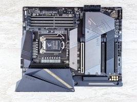 a close up of a computer motherboard on a table