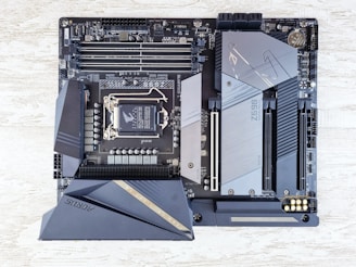 a close up of a computer motherboard on a table