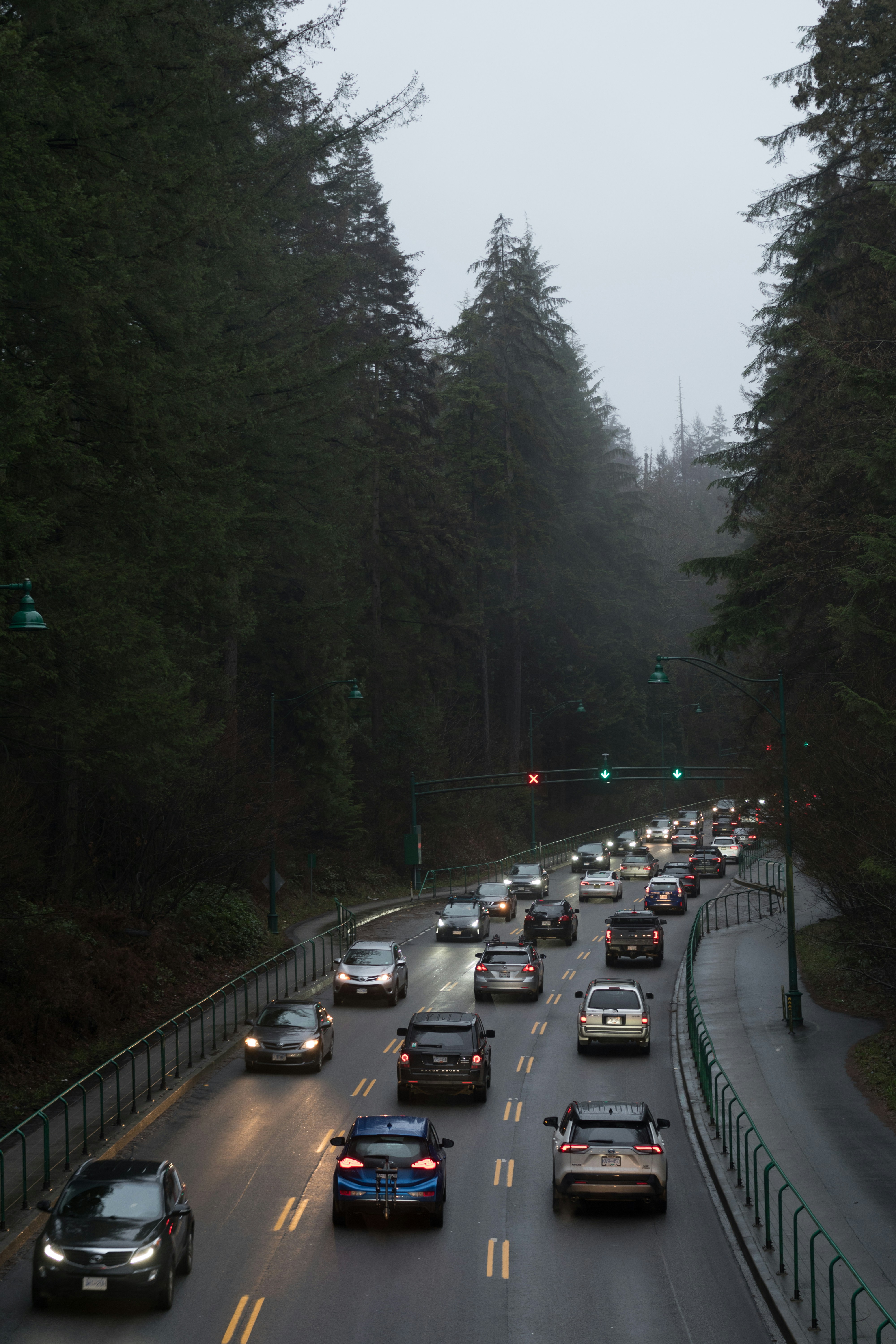 Una carretera llena de mucho tráfico junto a árboles altos