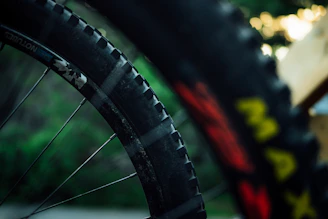 Close-up of mountain bike tires gripping a dirt trail with mountain peaks in the background.